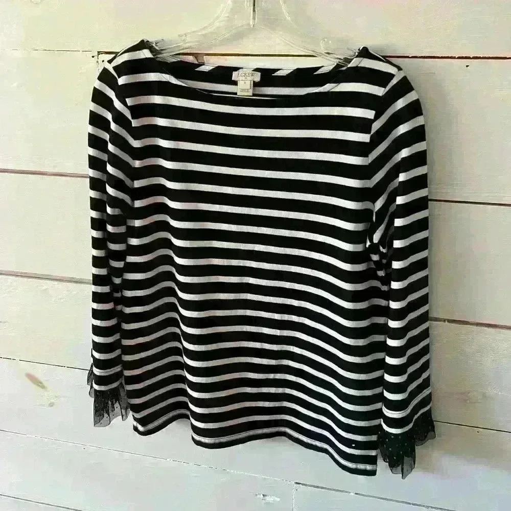 J. Crew pullover women’s top, small, tulle sleeves black and white striped, EUC